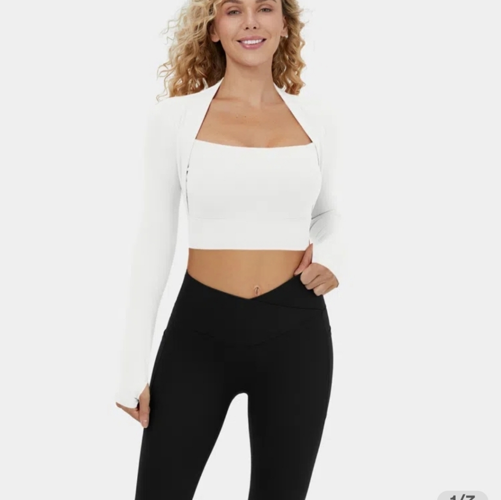 Softlyzero™ Long Sleeve Thumb Hole 2-in-1 Cropped Yoga Sports Top white size L